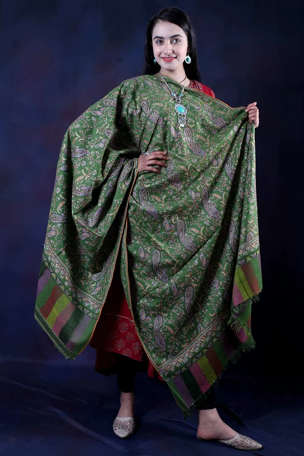 Paldar Green Sozni Embroidered Handwoven Jamawar Pashmina Shawl