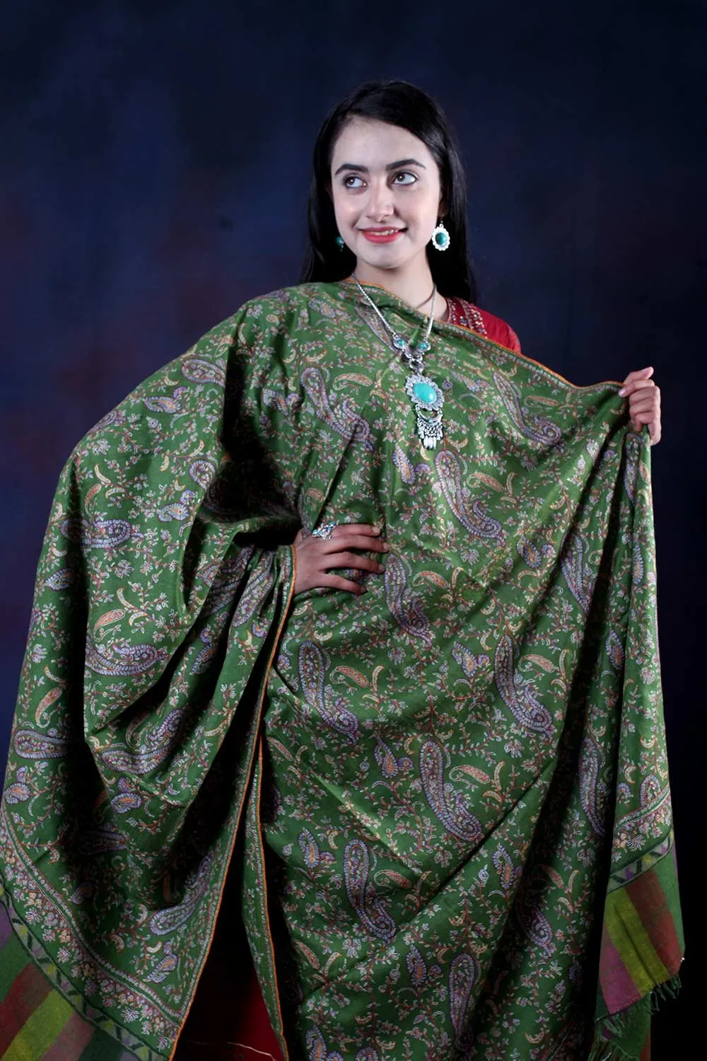 Paldar Green Sozni Embroidered Handwoven Jamawar Pashmina Shawl