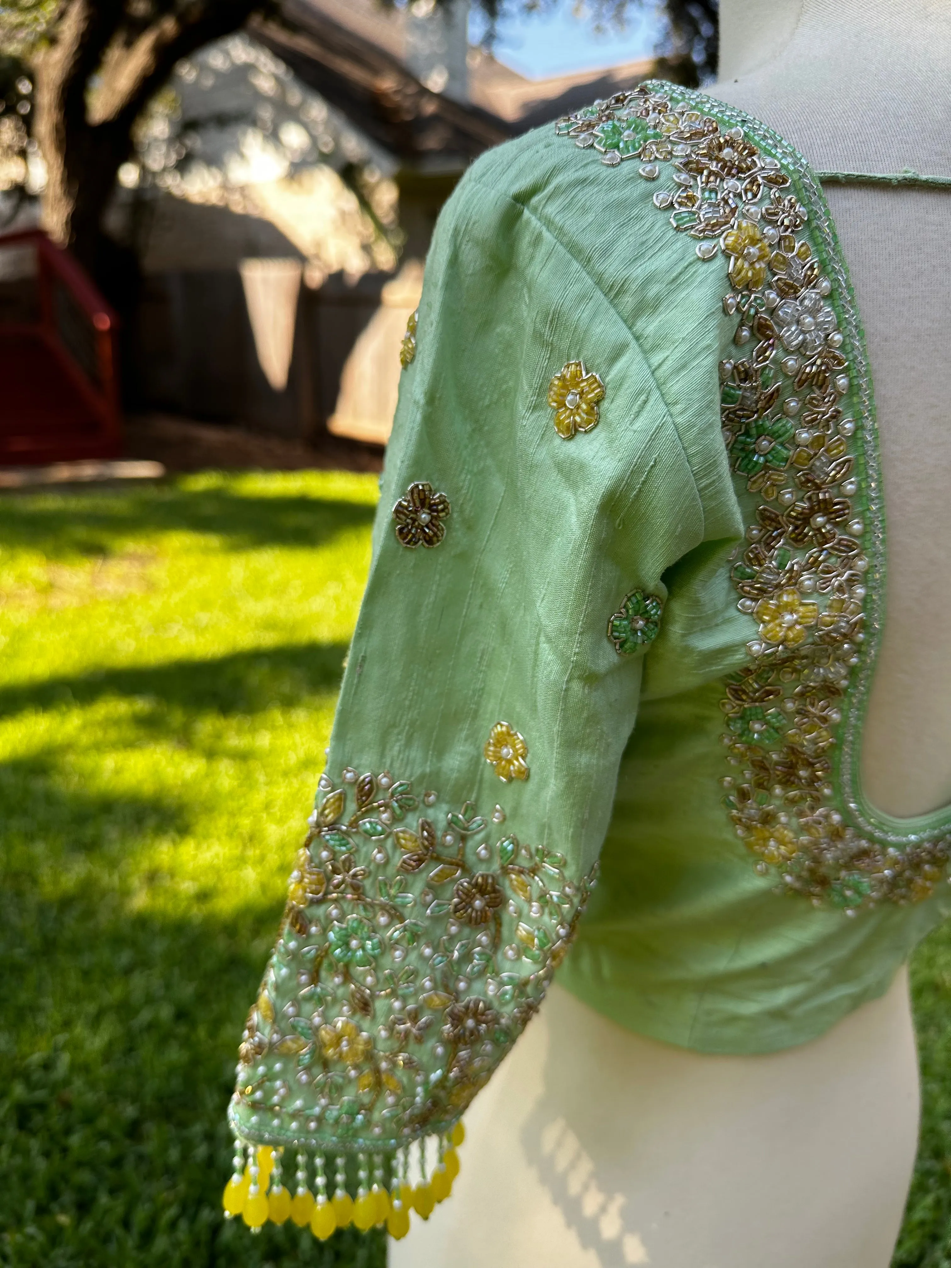Pastel Green Blouse Zardhosi work designer blouse -Pattu Saree Blouse -Maggam work blouse - red Blouse