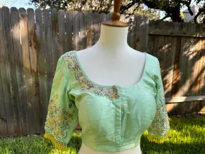 Pastel Green Blouse Zardhosi work designer blouse -Pattu Saree Blouse -Maggam work blouse - red Blouse