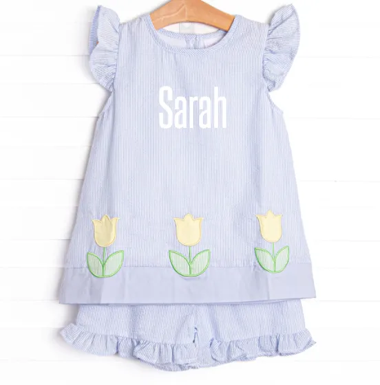 Pastel Petals Applique Short Set, Blue