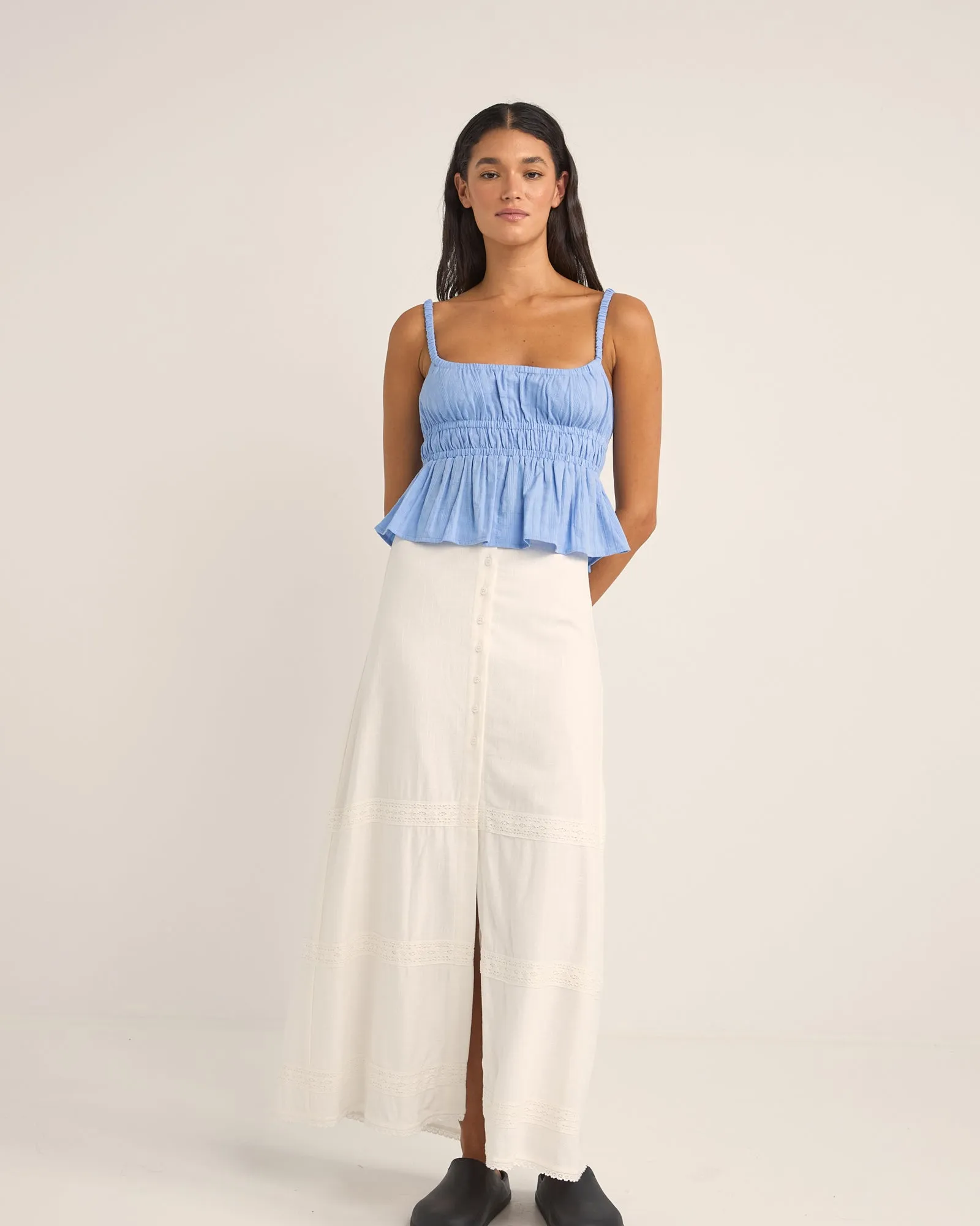 PEARL BUTTON FRONT MAXI SKIRT - WHITE