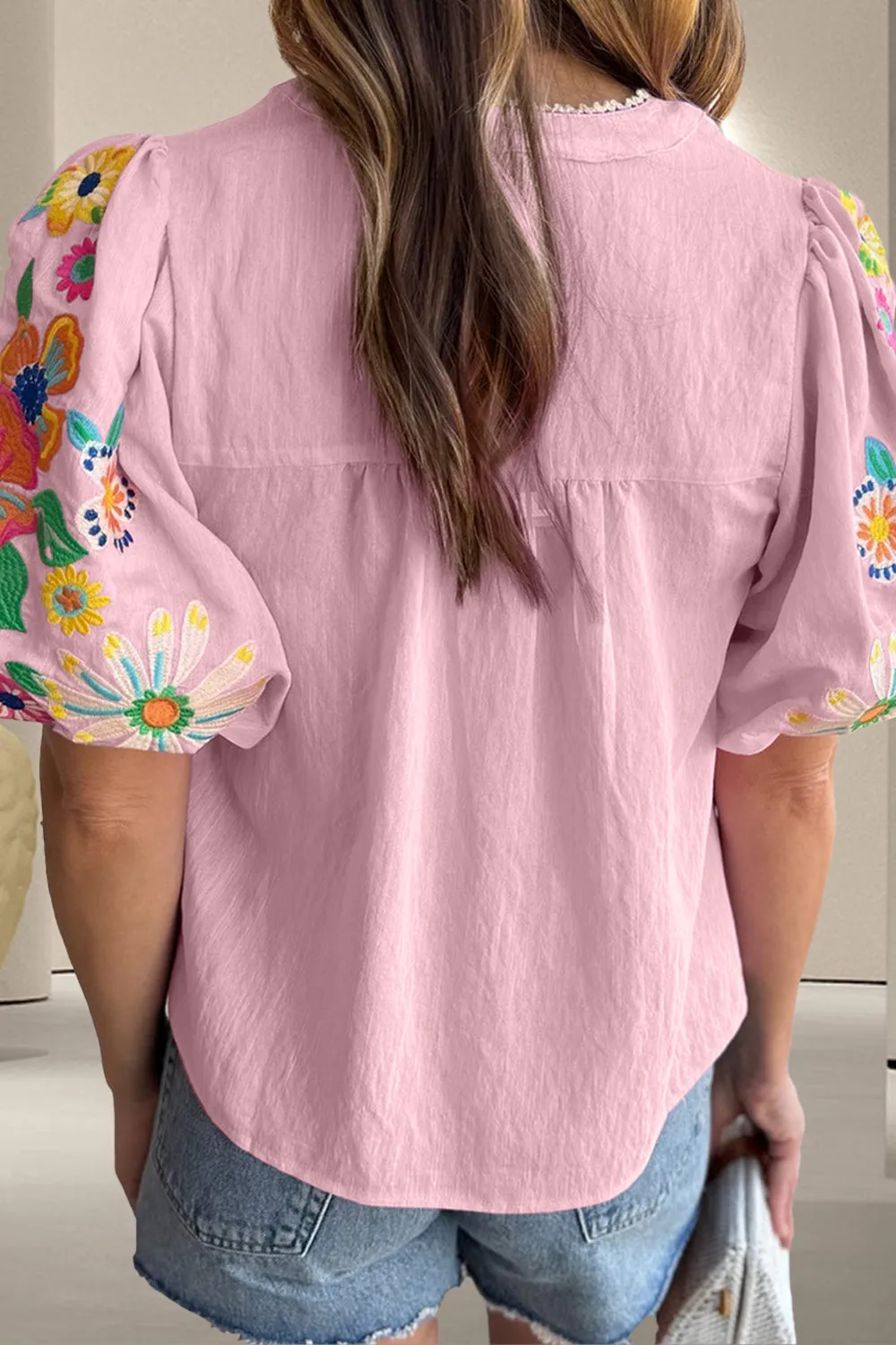Pedan Embroidered Tie Neck Half Sleeve Blouse