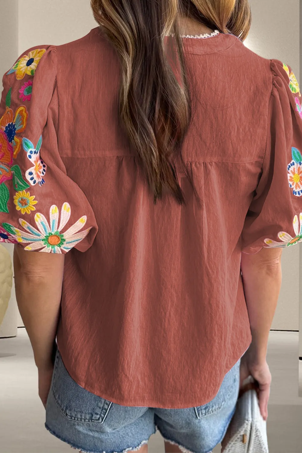 Pedan Embroidered Tie Neck Half Sleeve Blouse