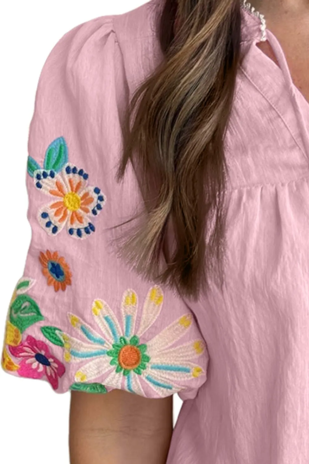 Pedan Embroidered Tie Neck Half Sleeve Blouse