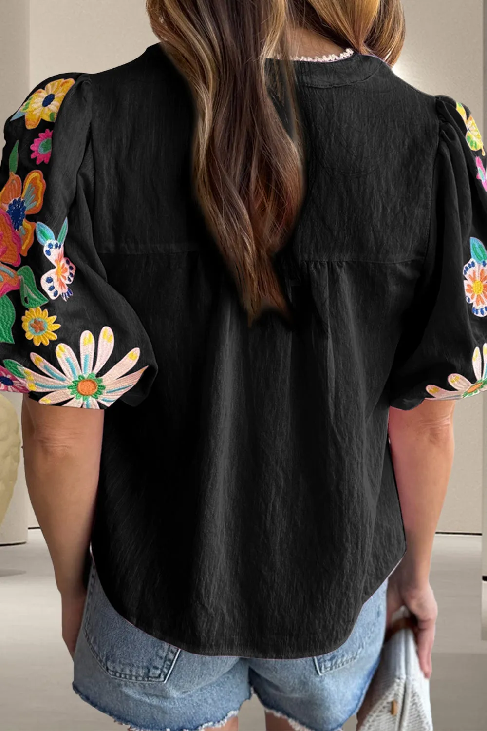 Pedan Embroidered Tie Neck Half Sleeve Blouse