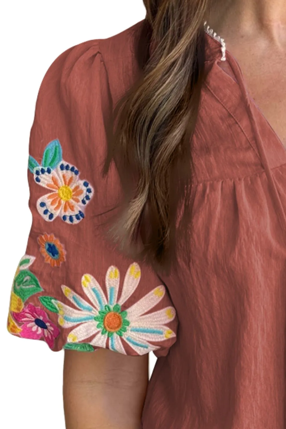 Pedan Embroidered Tie Neck Half Sleeve Blouse