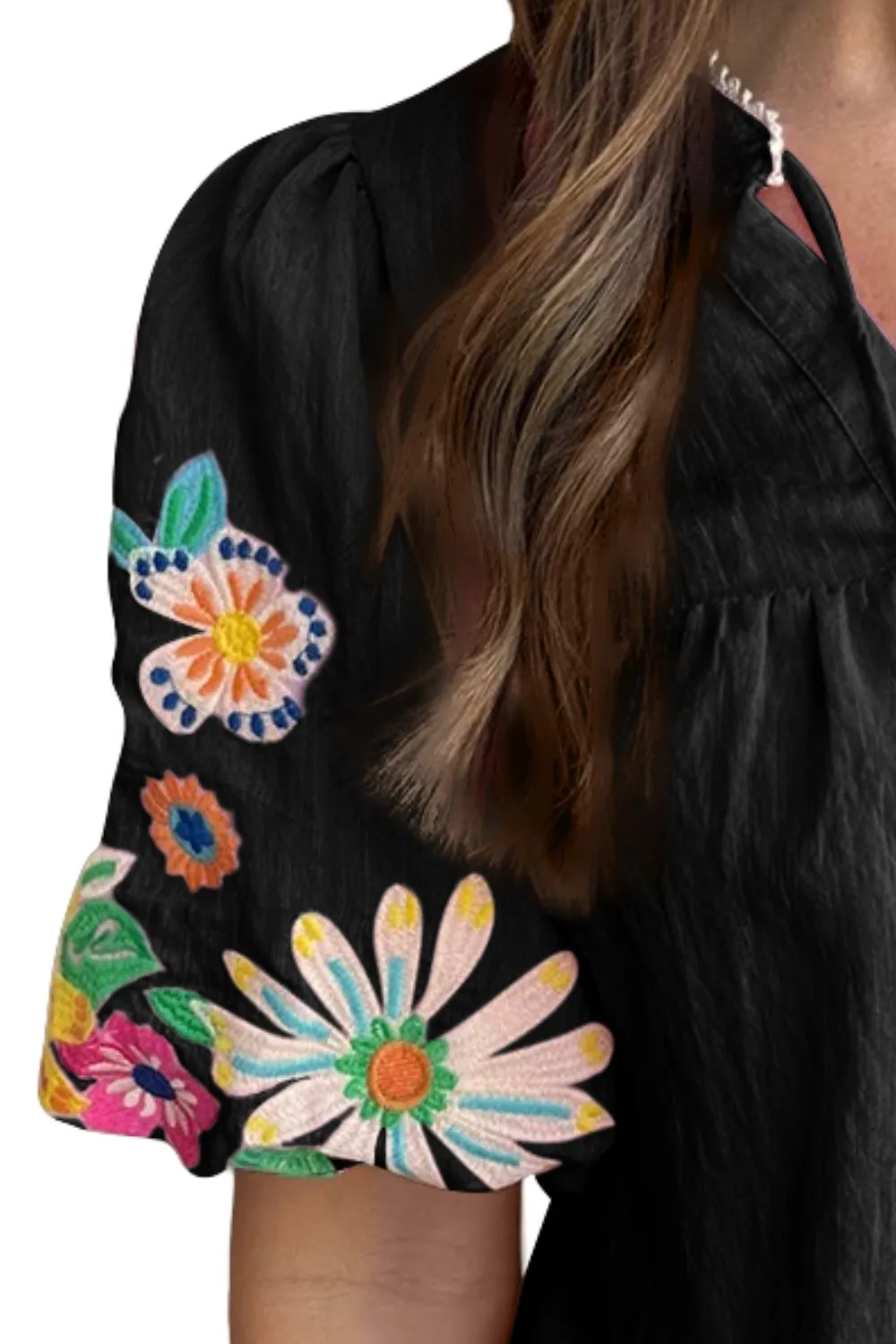 Pedan Embroidered Tie Neck Half Sleeve Blouse