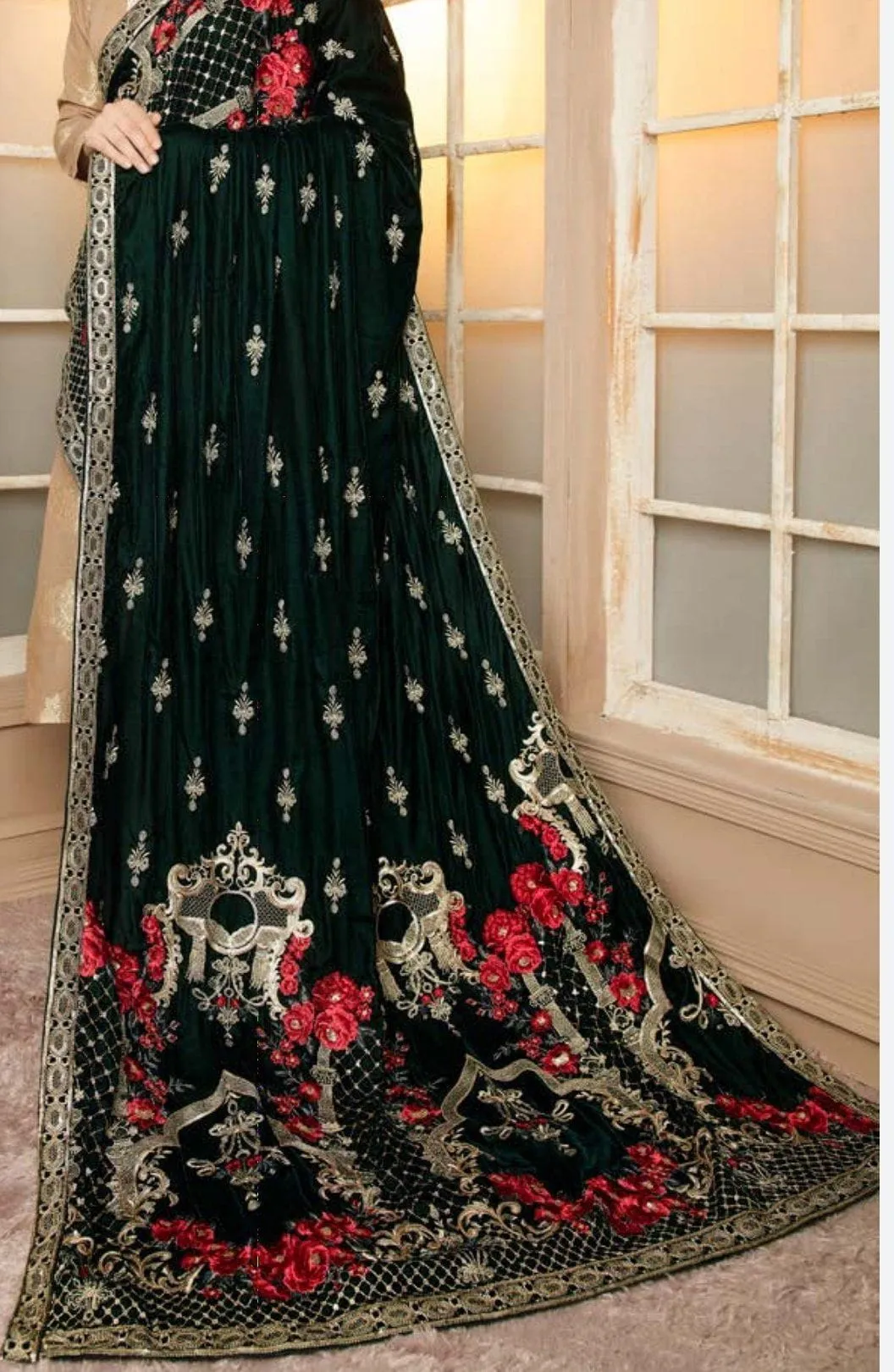 Pelle Verde/Luxury Embroidered Velvet Shawl by Adans Libaas
