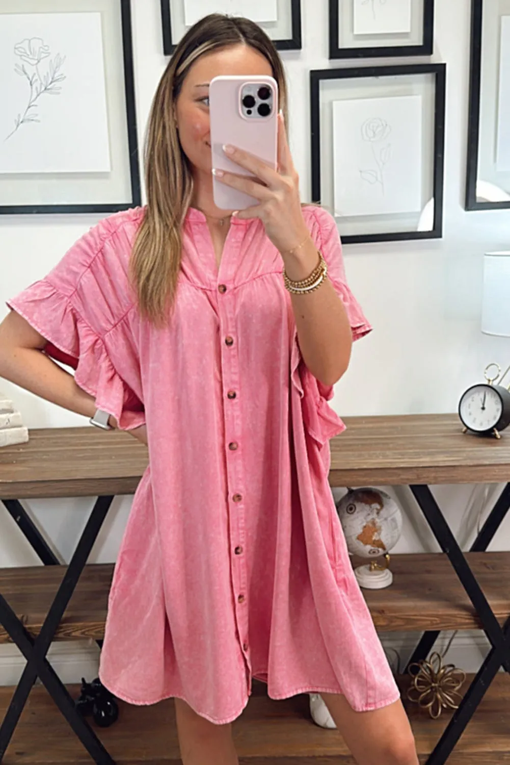 Pink Ruffled Short Sleeve Button Up Denim Mini Dress