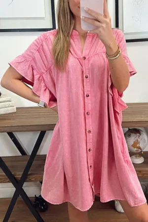 Pink Ruffled Short Sleeve Button Up Denim Mini Dress
