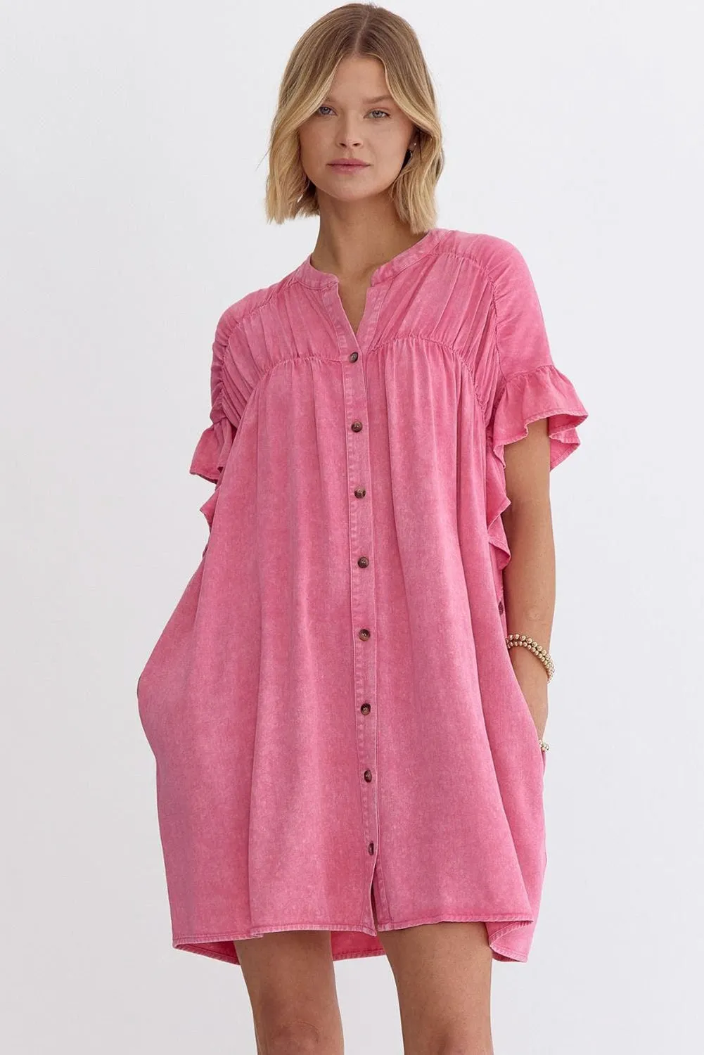 Pink Ruffled Short Sleeve Button Up Denim Mini Dress