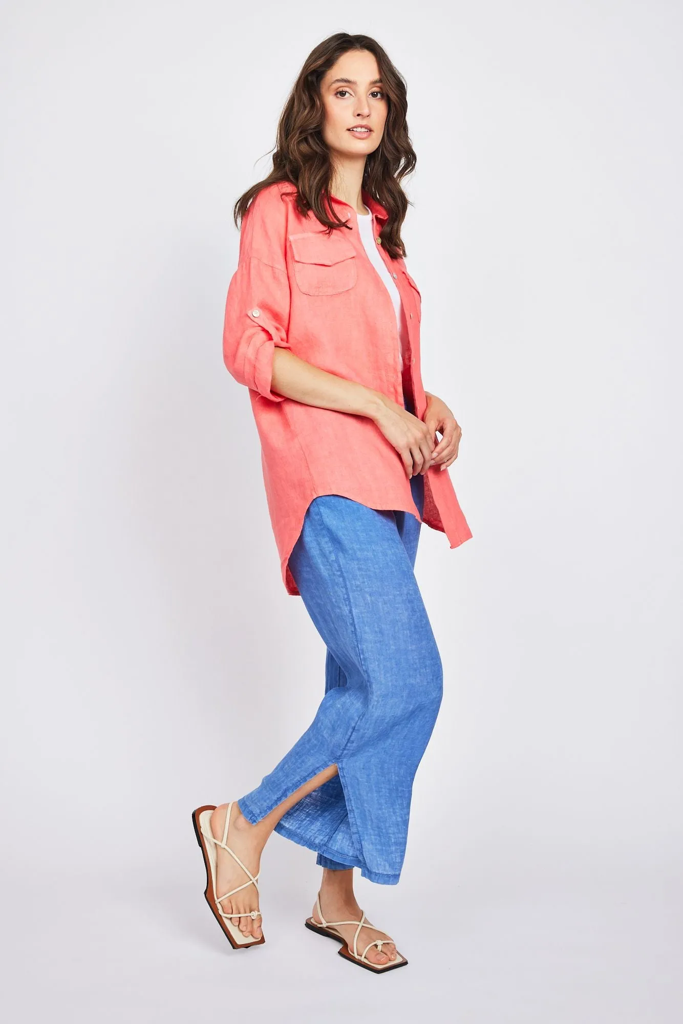 Pistache Double Pocket Linen Blouse