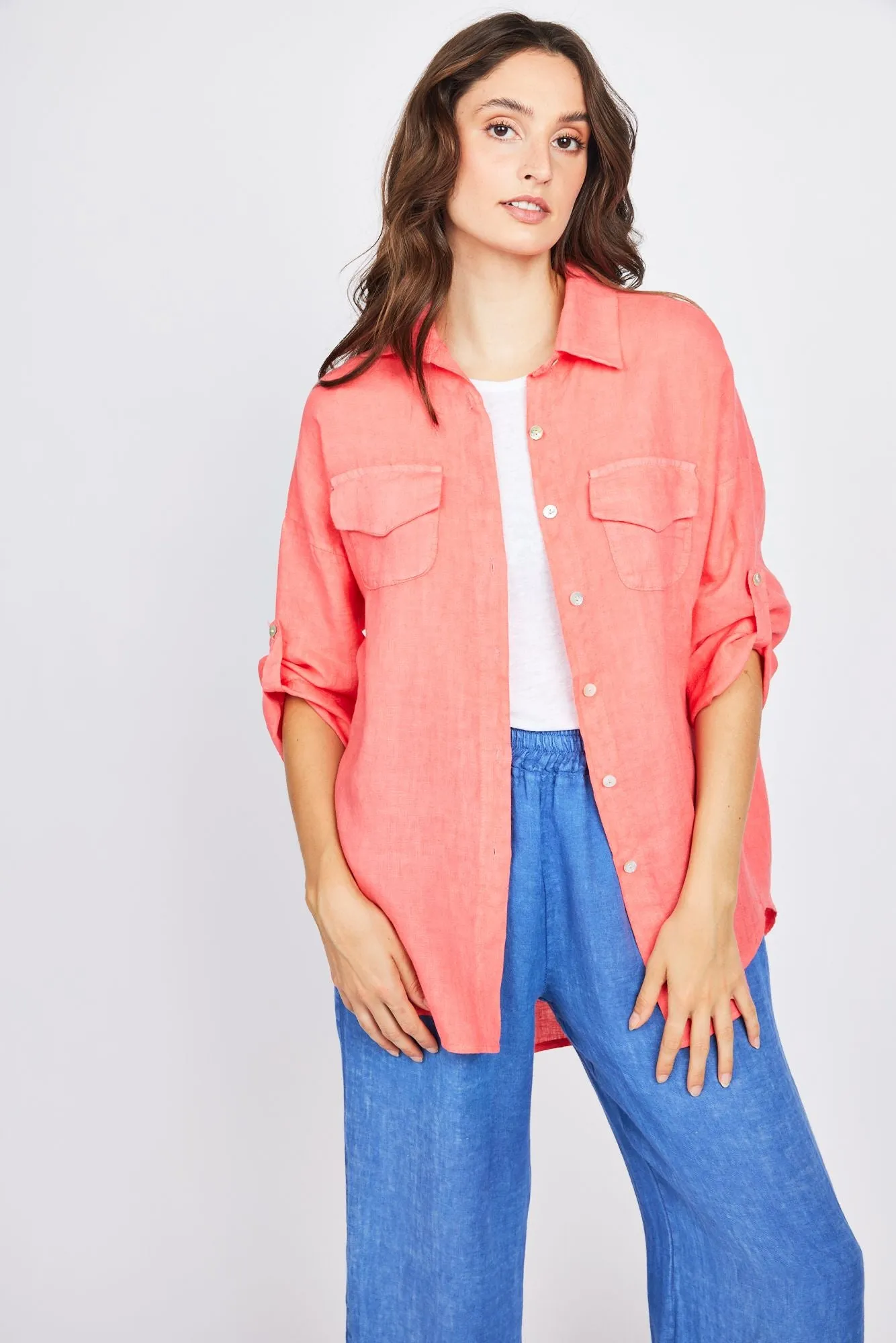 Pistache Double Pocket Linen Blouse
