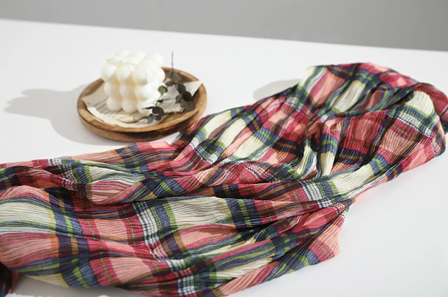 Plaid Checkered Poly Wide Width Fabric with Ribbed Wave Pleats - In Pink Check - Quality Korean Fabric By the Yard - 53727GJ