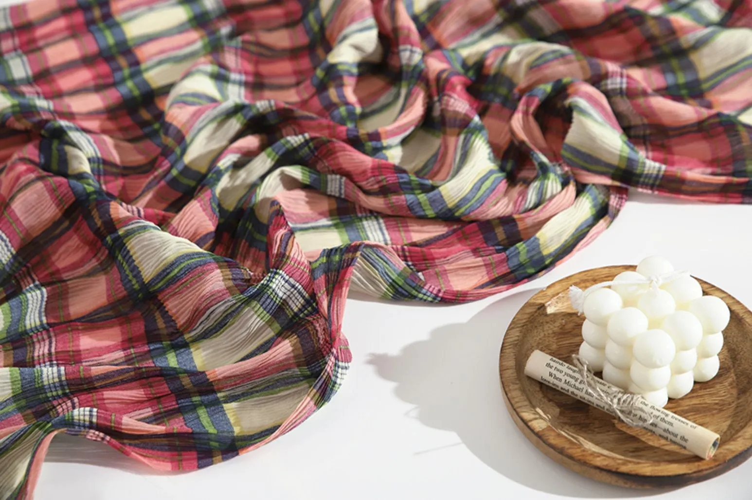 Plaid Checkered Poly Wide Width Fabric with Ribbed Wave Pleats - In Pink Check - Quality Korean Fabric By the Yard - 53727GJ