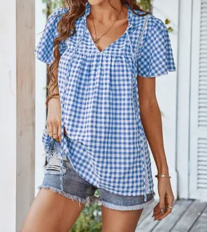 Plaid V Neck Ruffled Tunic Top