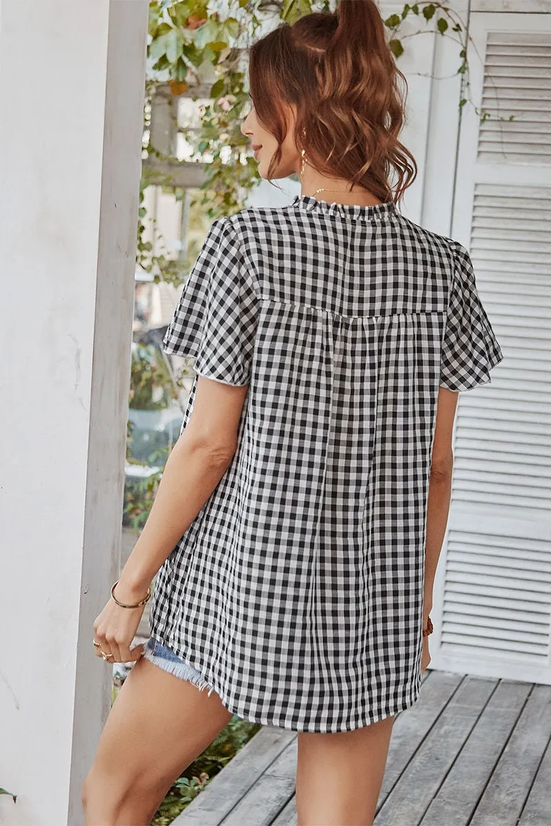 Plaid V Neck Ruffled Tunic Top