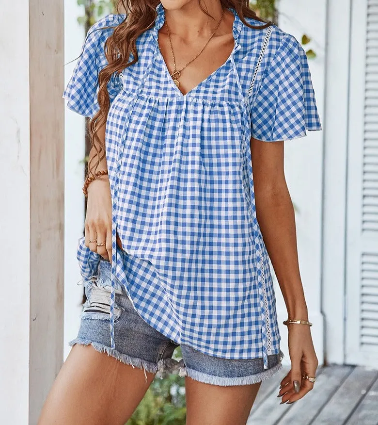 Plaid V Neck Ruffled Tunic Top