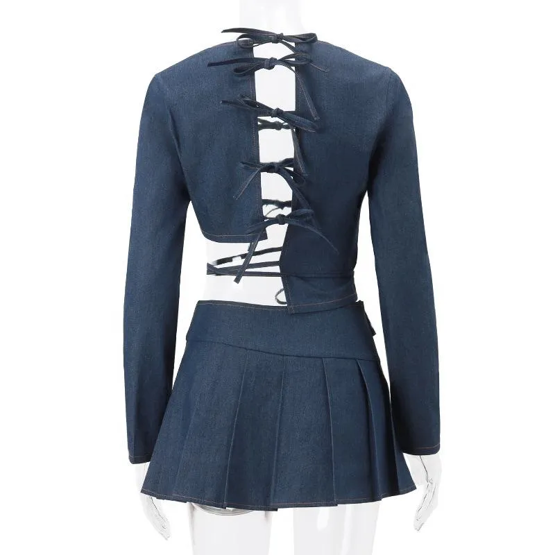 Pleated denim A line belt slit mini skirt