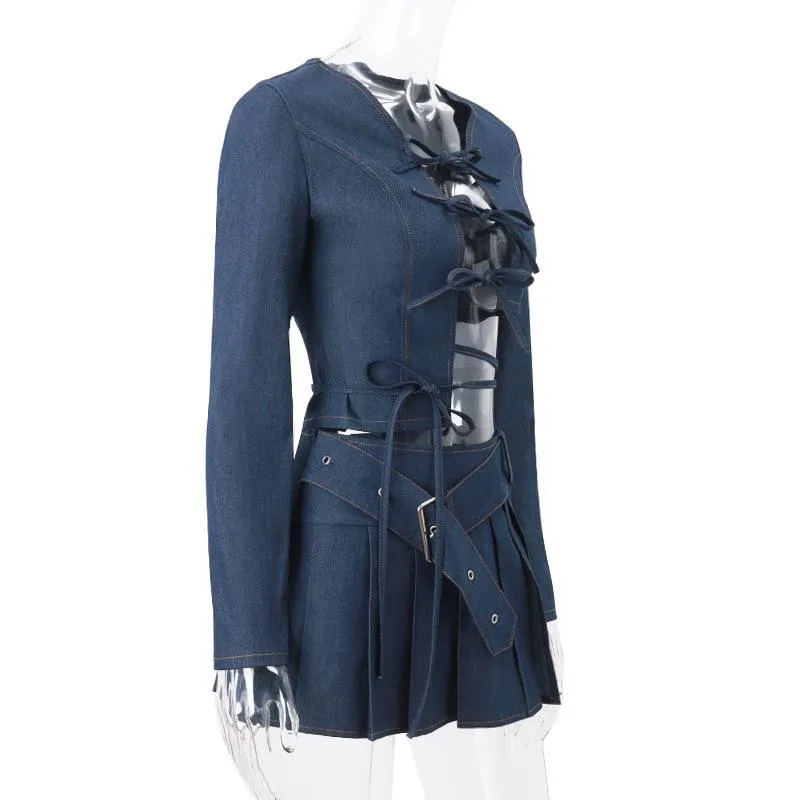 Pleated denim A line belt slit mini skirt