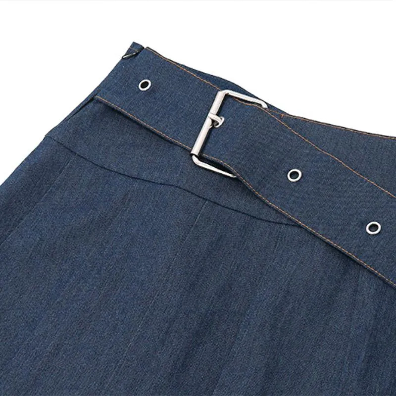 Pleated denim A line belt slit mini skirt