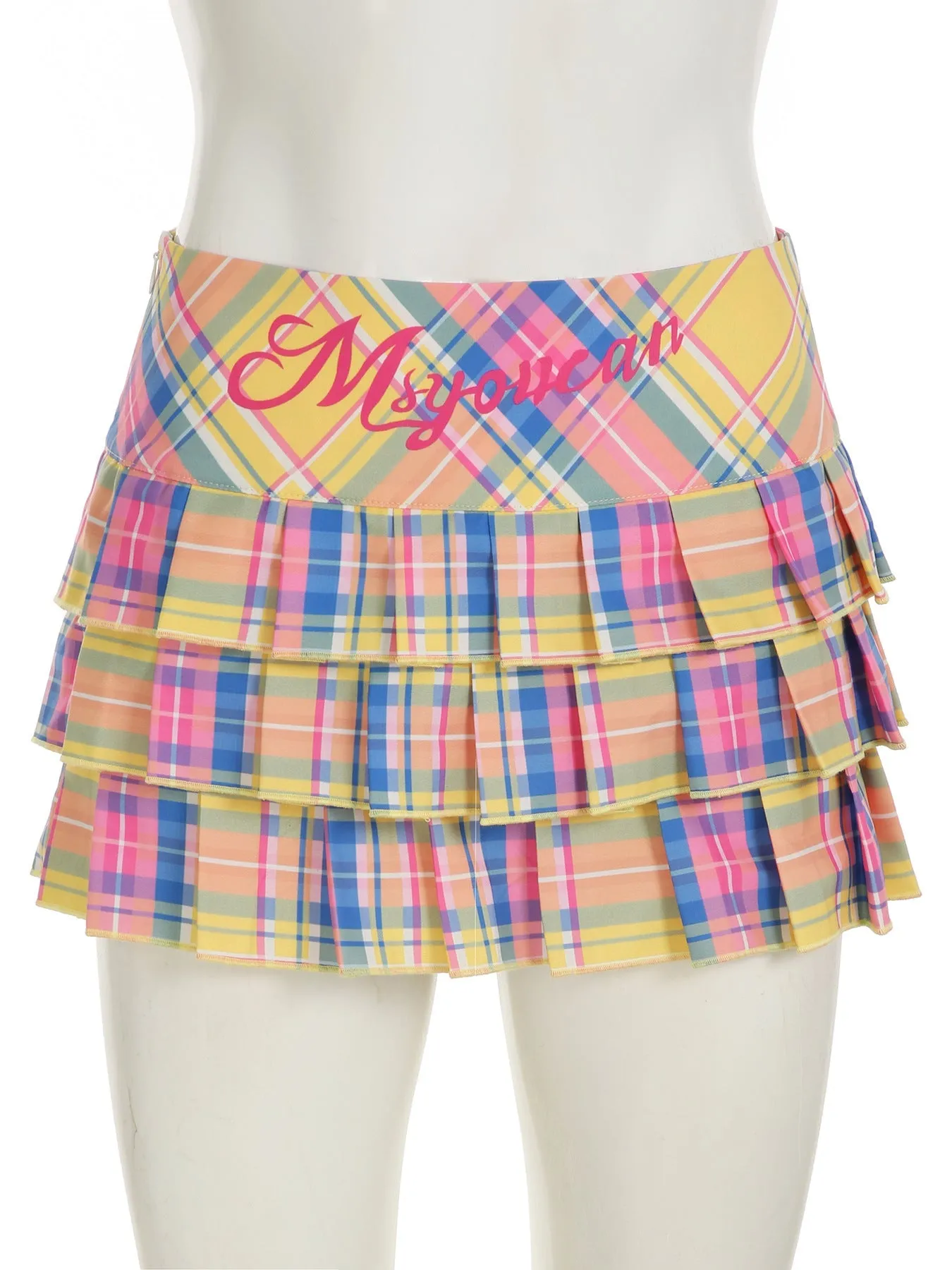 Pleated plaid zip-up letter pattern A line mini skirt