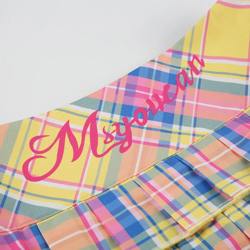 Pleated plaid zip-up letter pattern A line mini skirt