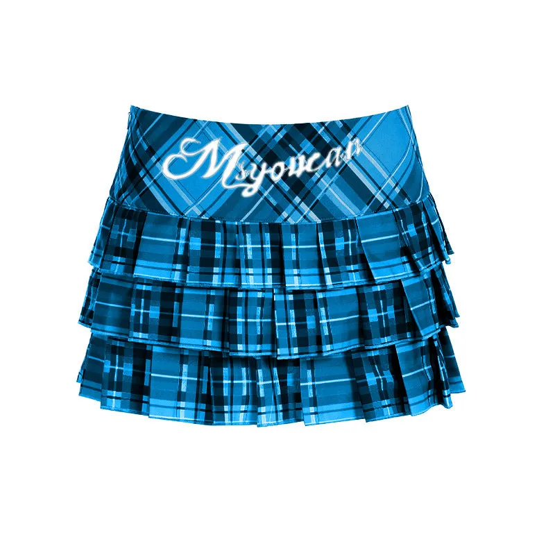 Pleated plaid zip-up letter pattern A line mini skirt
