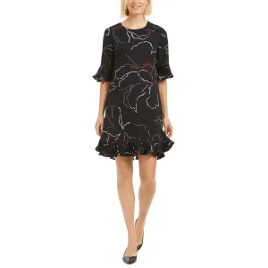 Pleated Ruffle-Trim Printed Dress