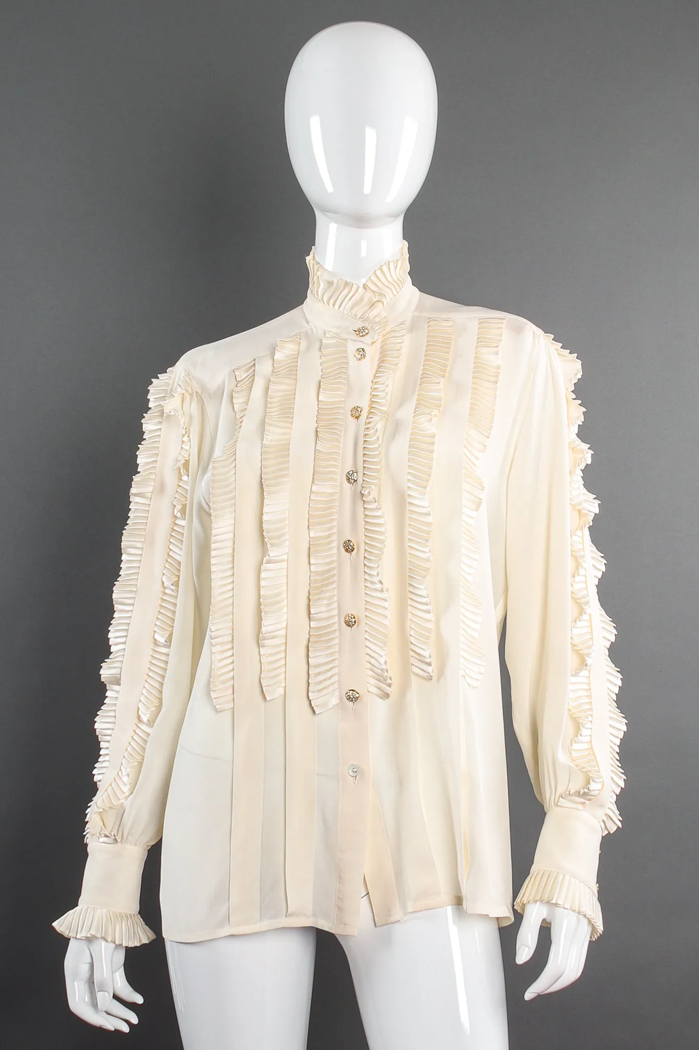 Pleated Ruffle Tuxedo Blouse