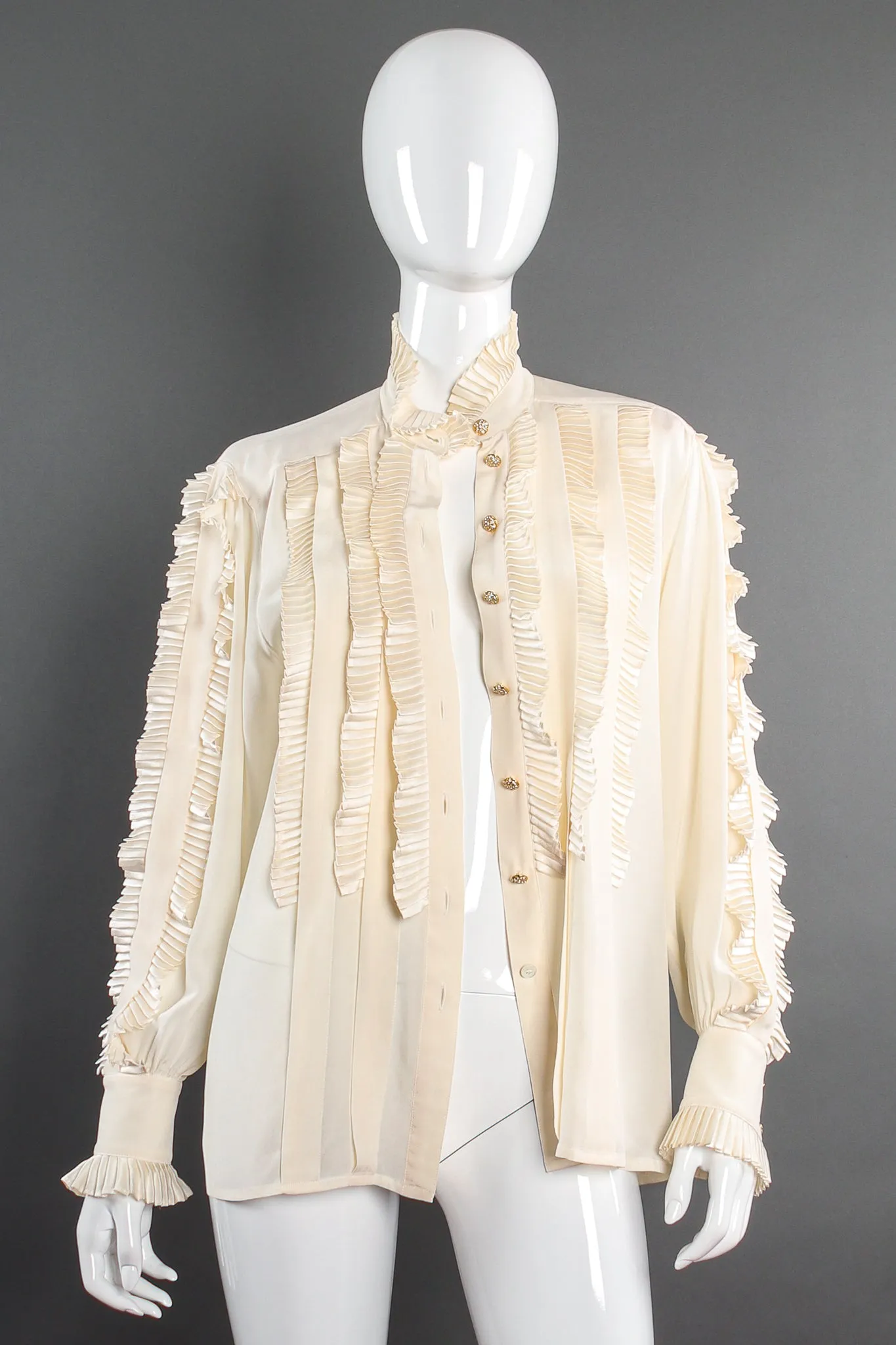 Pleated Ruffle Tuxedo Blouse