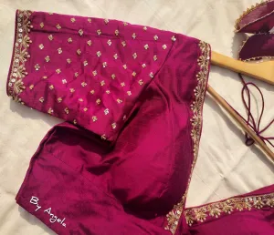 Plunged Embroidered Neckline Blouse with Tiny Buta - Dark Magenta