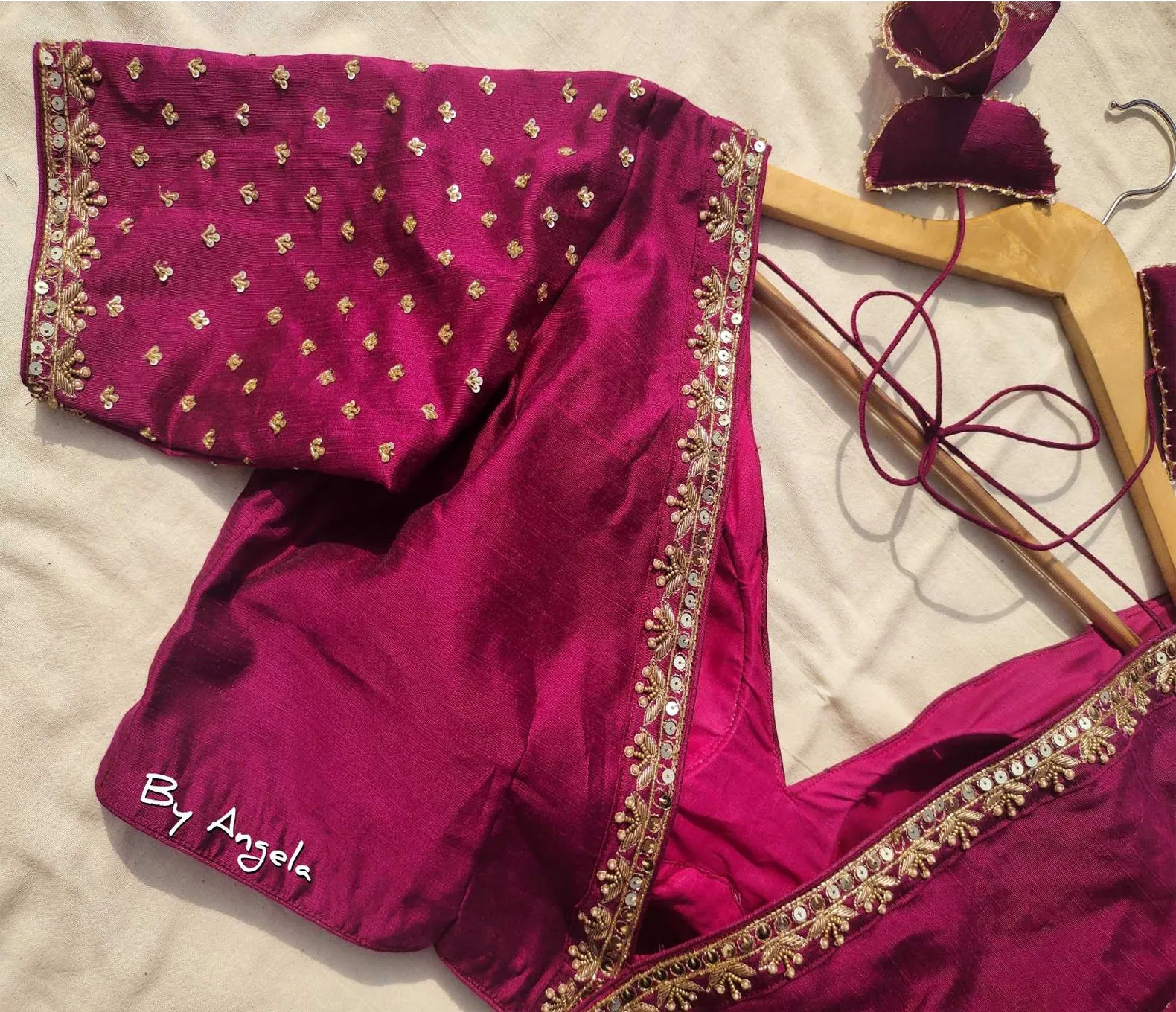 Plunged Embroidered Neckline Blouse with Tiny Buta - Dark Magenta