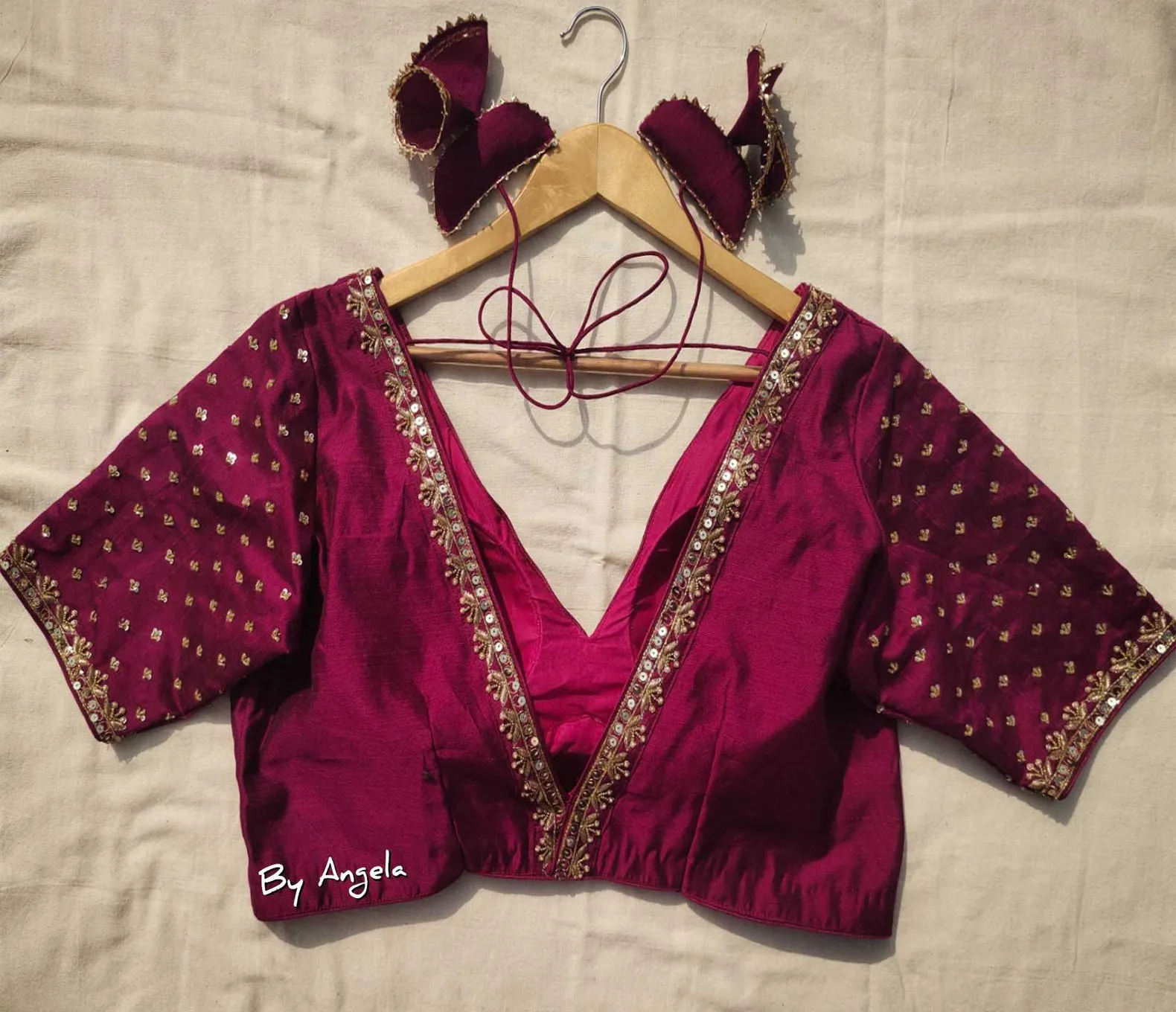 Plunged Embroidered Neckline Blouse with Tiny Buta - Dark Magenta