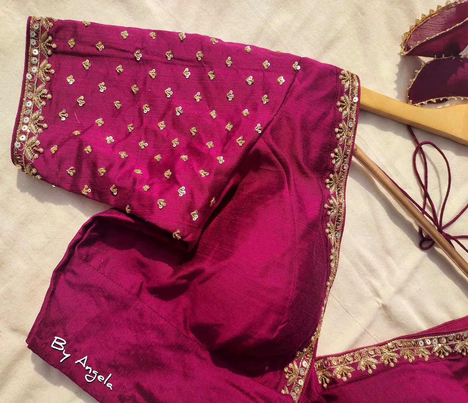 Plunged Embroidered Neckline Blouse with Tiny Buta - Dark Magenta