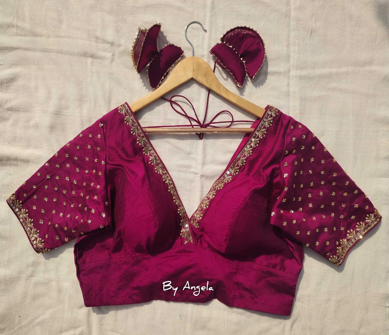 Plunged Embroidered Neckline Blouse with Tiny Buta - Dark Magenta