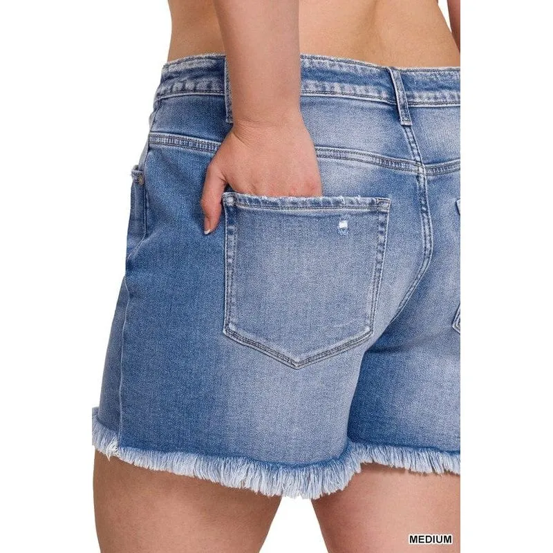 Plus Mid Rise Raw Frayed Hem Denim Shorts