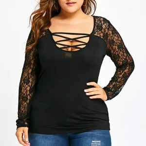 Plus Size Lace Stitching Long Sleeve Bottoming Shirt Cotton T-shirt Top