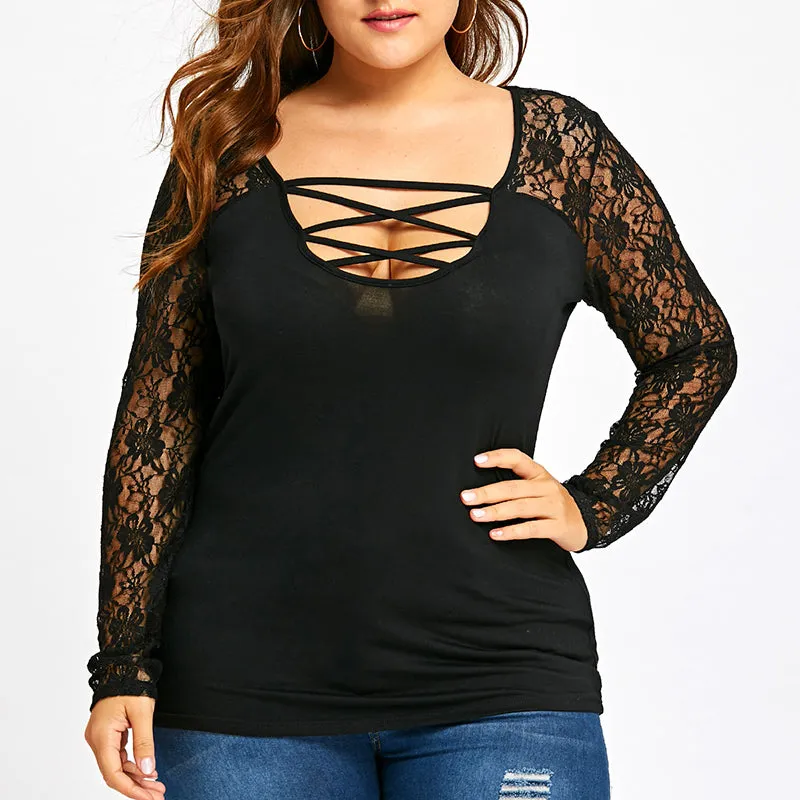 Plus Size Lace Stitching Long Sleeve Bottoming Shirt Cotton T-shirt Top