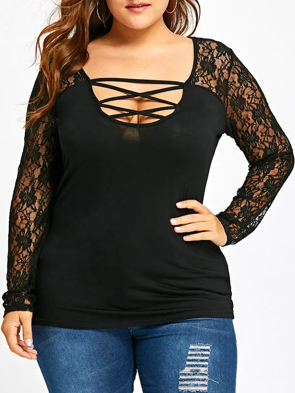 Plus Size Lace Stitching Long Sleeve Bottoming Shirt Cotton T-shirt Top