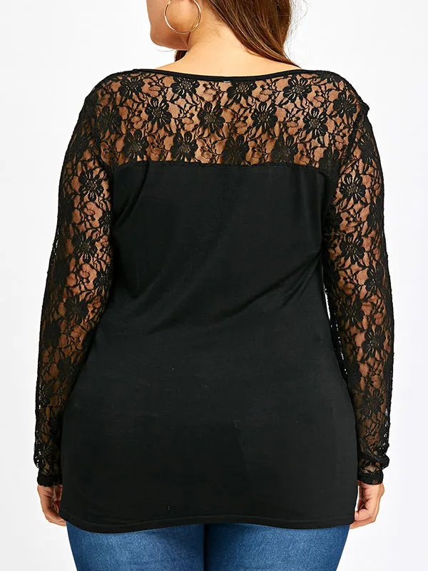 Plus Size Lace Stitching Long Sleeve Bottoming Shirt Cotton T-shirt Top