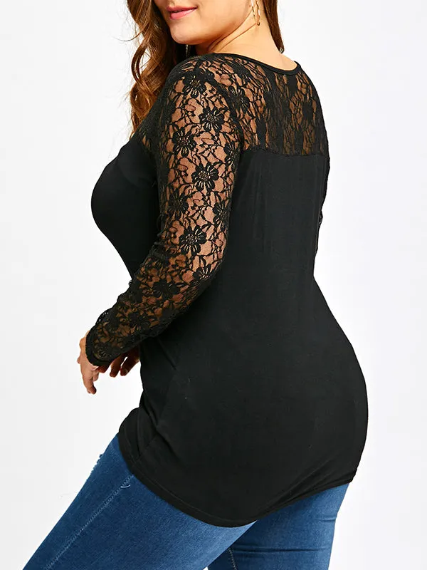 Plus Size Lace Stitching Long Sleeve Bottoming Shirt Cotton T-shirt Top