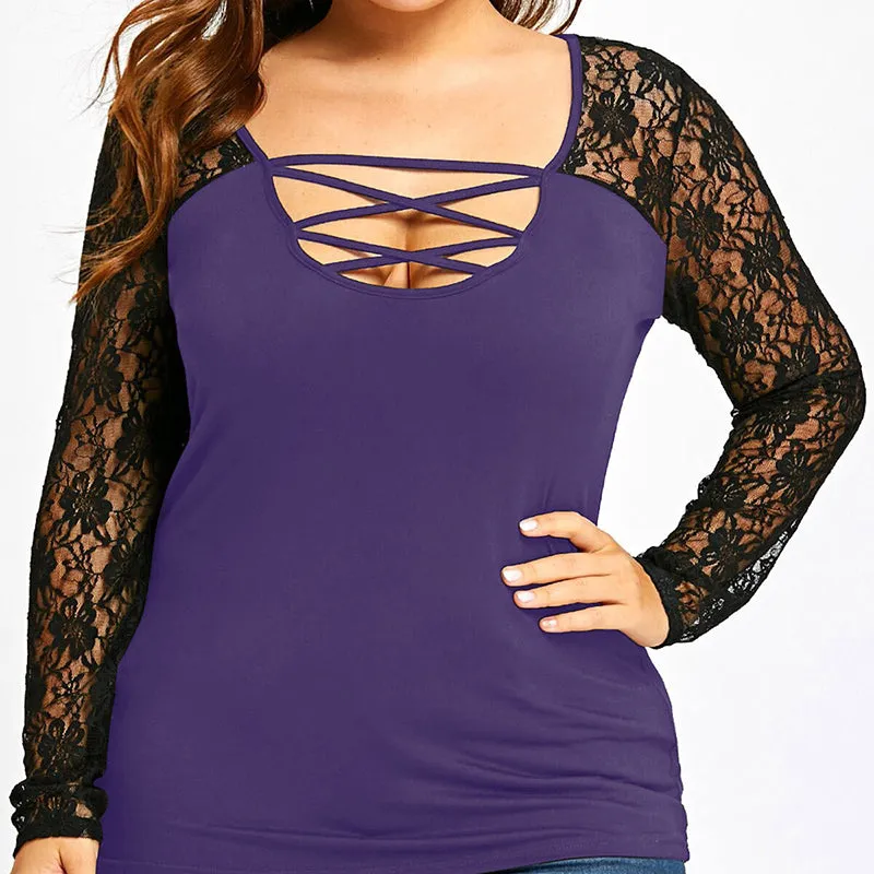 Plus Size Lace Stitching Long Sleeve Bottoming Shirt Cotton T-shirt Top