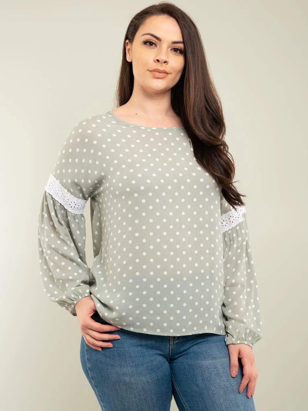 PLUS SIZE POLKA DOTS LONG SLEEVE TOP