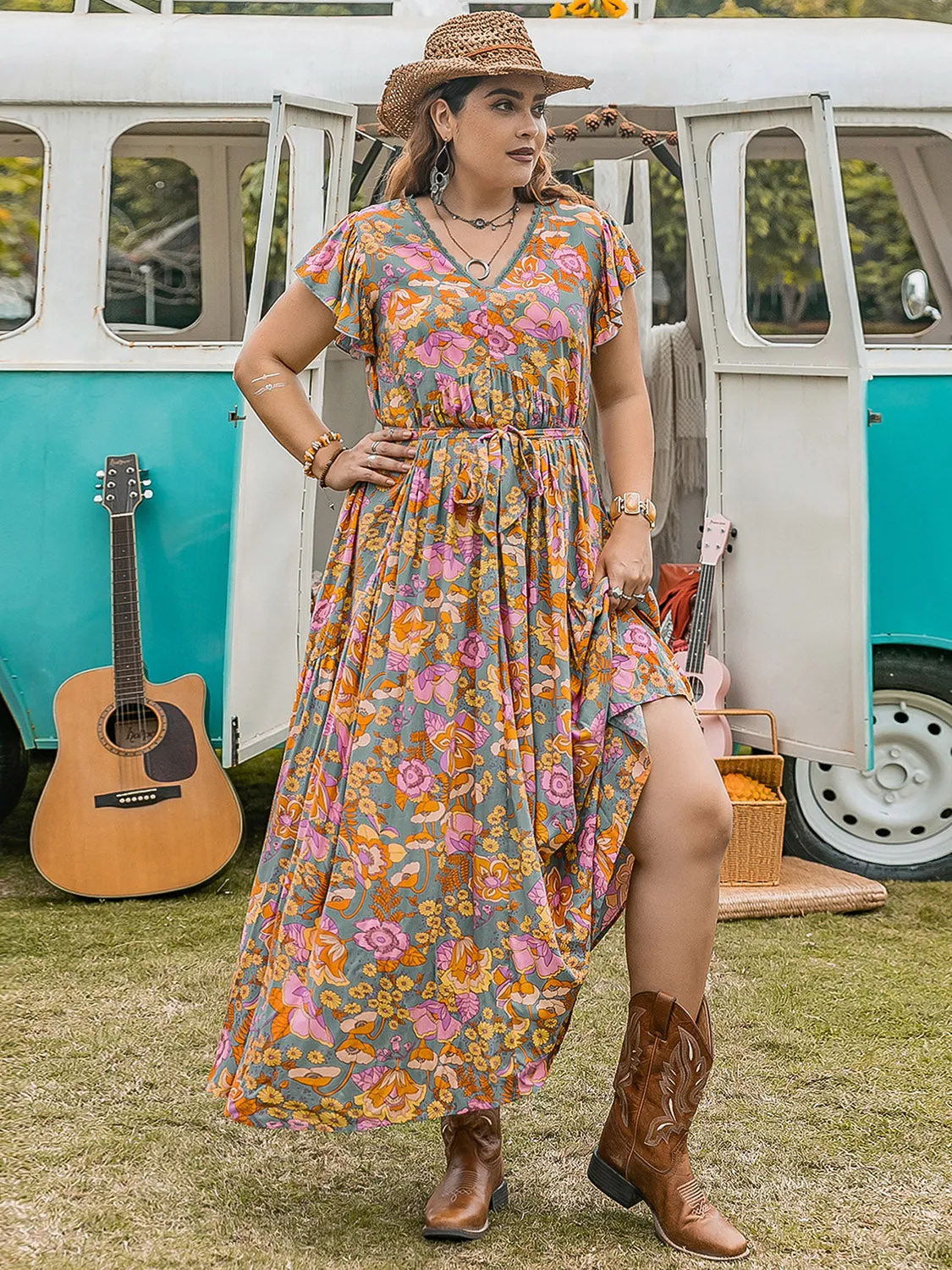 Plus Size Ruffled Printed Cap Sleeve Dress (2 Prints)