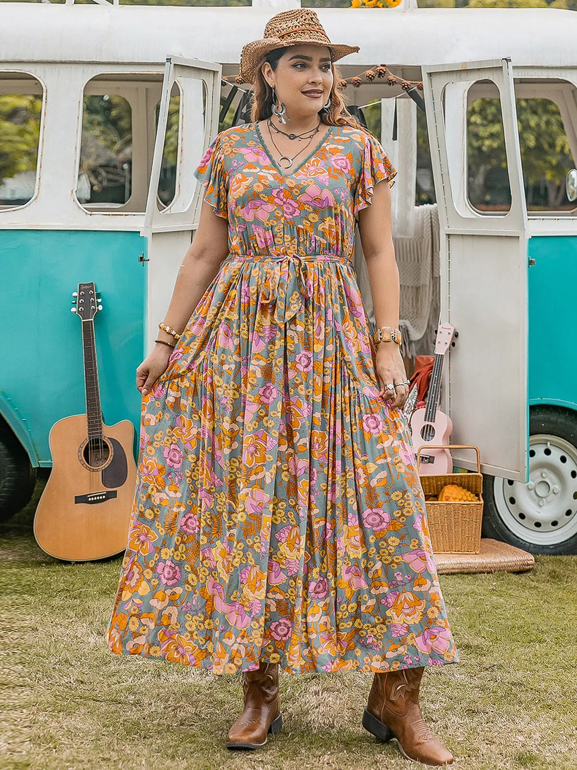 Plus Size Ruffled Printed Cap Sleeve Dress (2 Prints)