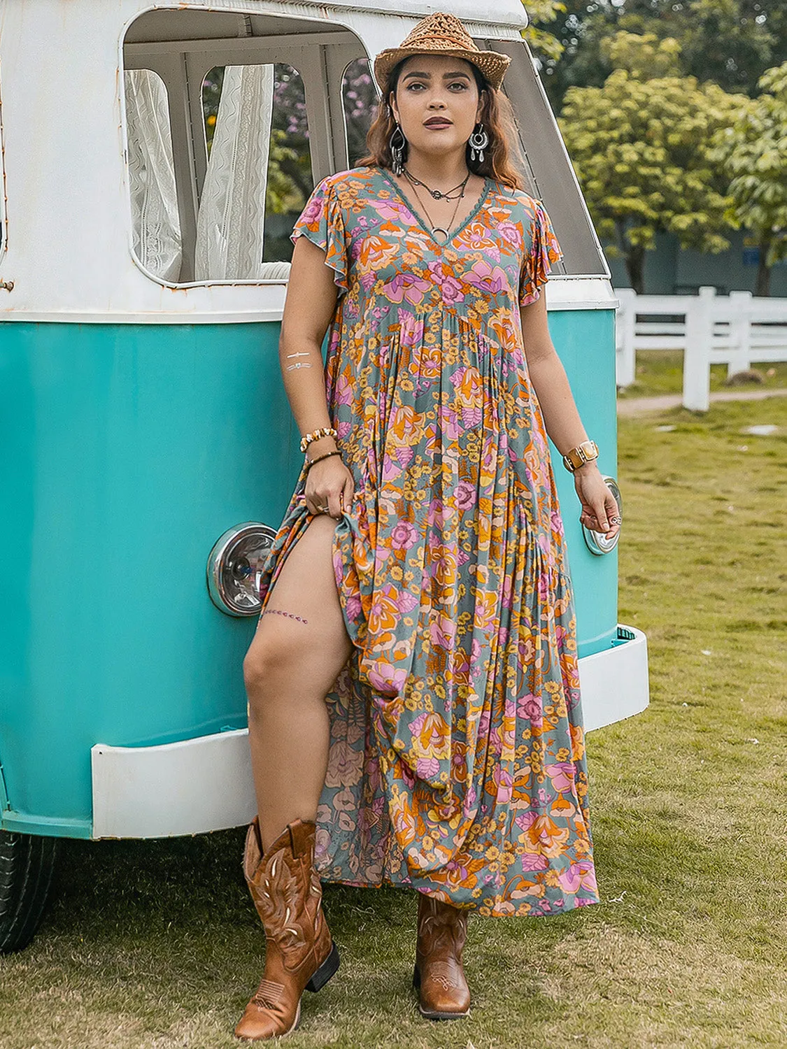Plus Size Ruffled Printed Cap Sleeve Dress (2 Prints)