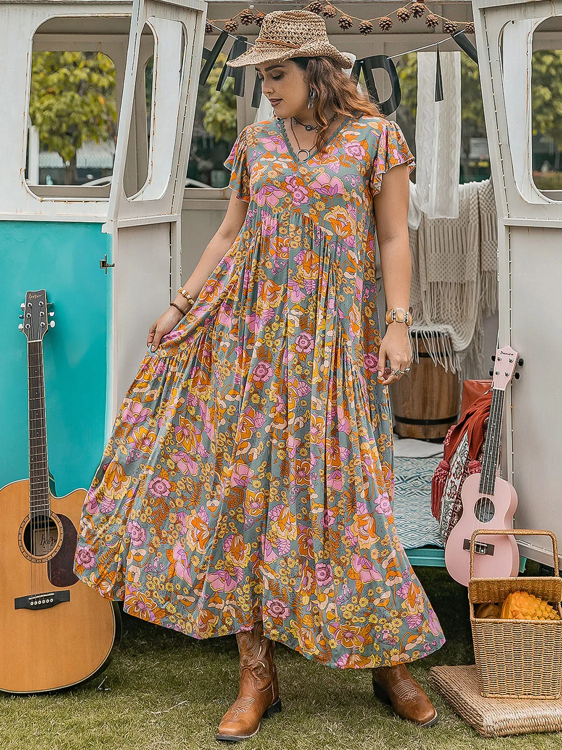 Plus Size Ruffled Printed Cap Sleeve Dress (2 Prints)