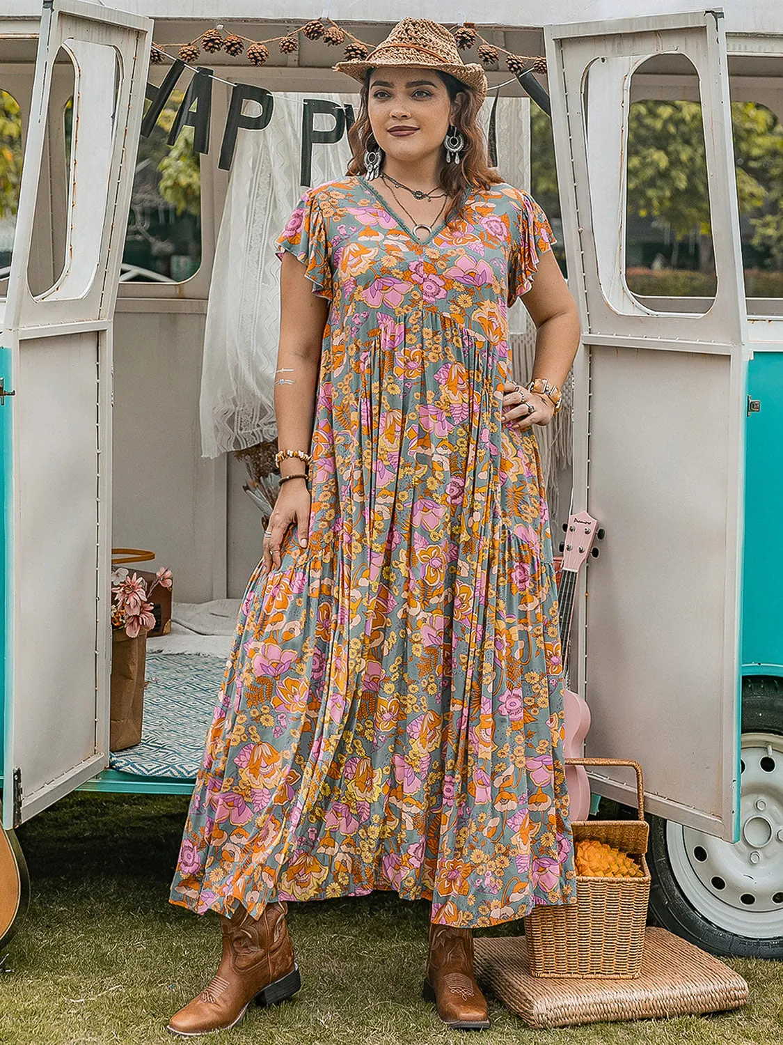 Plus Size Ruffled Printed Cap Sleeve Dress (2 Prints)